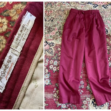 Vintage early ‘80s Yves Saint Laurent wool trousers | burgundy wool pleated pants, ‘70s designer pants, ladies XXS 