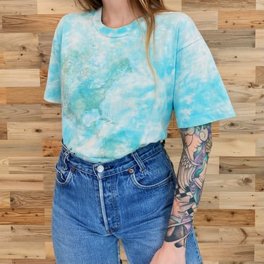 Tie Dye World Map Faded and Worn All Over Print Vintage Tee Shirt 