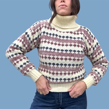 Vintage Sweater Retro 1980s Vanessa + Size Large + Turtleneck + Cream + Pullover + Novelty Stripe + Cold Weather + Womens Apparel 