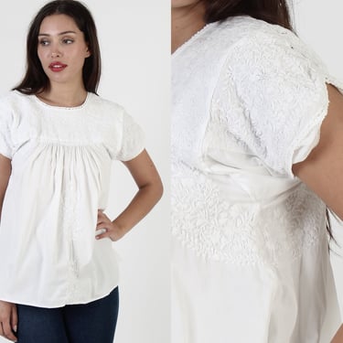 White Oaxacan Top / One Color Floral Hand Embroidered / Crochet Lace Mexican Tunic / Traditional Festival Blouse 