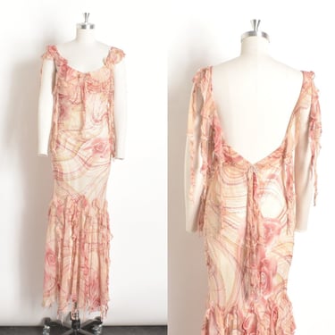 Vintage 2000s Dress / Y2K Diane Freis Plaid and Floral Ruffled Dress / Peach Pink ( XS S ) 