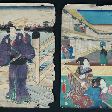 Antique Japan woodblock print craft 1800s Samurai art 