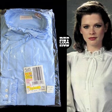 DEADSTOCK Vintage 70s 80s Pastel Blue Button Down Long Sleeve Blouse with Ruffled Bow Collar 