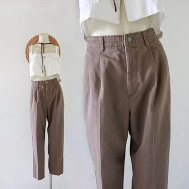 mocha high waist trousers - 28-29 - vintage 90s y2k womens brown cotton twill casual high waisted pleat pleated front size 6 pants chinos 