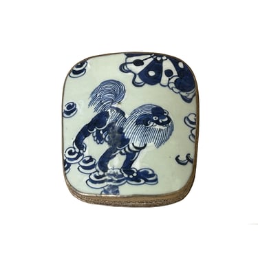 Chinese Old White Base Blue Foo Dog Graphic Porcelain Art Pewter Box ws3908E 