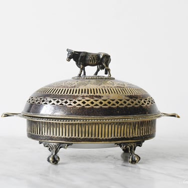 Antique Silver-plated Butter Dish with Dome Lid and Cow Finial 