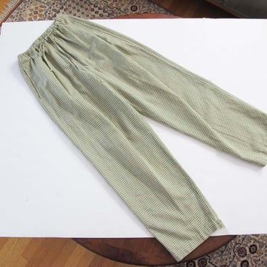 Vintage 90s Linen Cotton Drawstring Pants M - High Waist Sage Green Gingham Plaid Casual Lounge Pant 