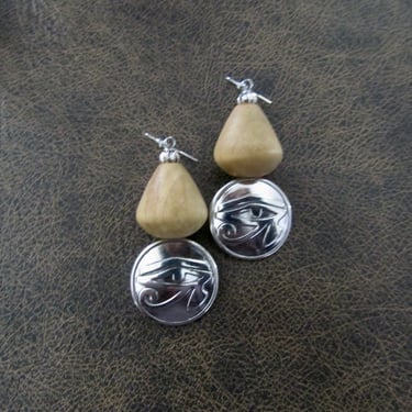 Silver and wooden Egyptian eye of Ra earrings 