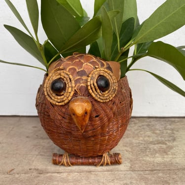 Vintage Owl Basket Planter, Small Owl Basket, MCM Owl, Air Planter Container, Woven, Natural Materials, Pine Cone Scales, Hippie Boho 