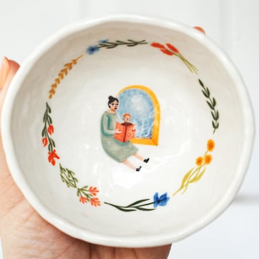 Mother's Love Ceramic Bowl, Mother's Day Gift, Hand Painted Floral Ceramic Dish, Porcelain Folk Decor, Whimsical Pottery, Woman and Child 