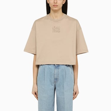 Miu Miu Cropped Beige Cotton T-Shirt With Logo Women