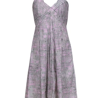 Carolina Herrera - Ivory w/ Pink &amp; Black Stripe Print Cotton Midi Dress Sz 8