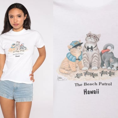 Hawaii Cat Shirt 90s Beach Patrol Tshirt Tropical Top Hawaiian Kitty Graphic Tee Vintage 1990s Retro Kawaii Surfer T Shirt Extra Small XS 