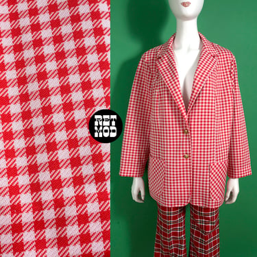 Plus Size Vintage 60s 70s Red White Houndstooth Plaid Blazer Jacket with Pockets 