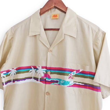 vintage hawaiian shirt / 80s surf shirt / 1980s Sundek rainbow Hawaii surfing aloha button up shirt 
