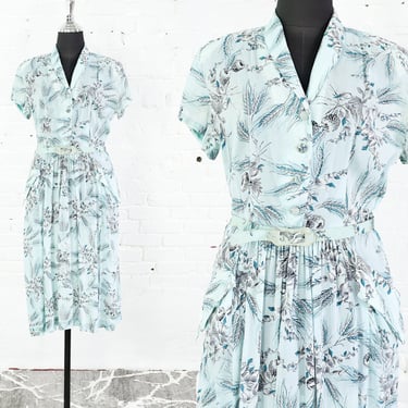 1940s Blue Flower & Wheat  Rayon Dress | 40s Light Blue Rayon Day Dress |  Bemberg | Medium 