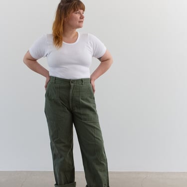 Vintage 32 Waist Olive Green Army Pants | Unisex Utility Fatigues Military Trouser | Zipper Fly | F398 
