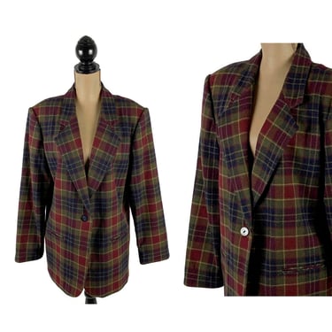 90s Oversized Plaid Blazer XL, Wool Blend Jacket, Fall Winter Dark Academia Olive Red & Navy, 1990s Clothes Women Vintage Sag Harbor Size 16 