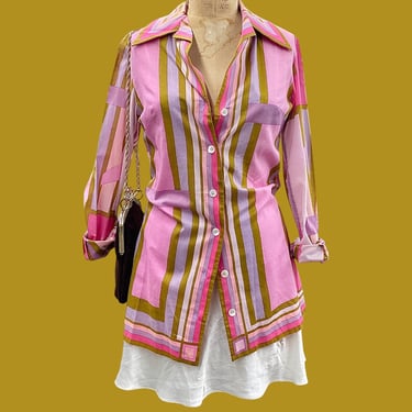 Vintage Emilio Pucci Blouse 1960s Retro Womens Size 14 + Mid Century Modern + Pink/Green/Purple Stripes + L/S + Button Up + Pointed Collar 