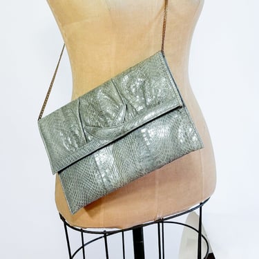 1980s Gray Snakeskin Purse | 80s Gray Leather Snakeskin Clutch | Maryann Rosenfeld 