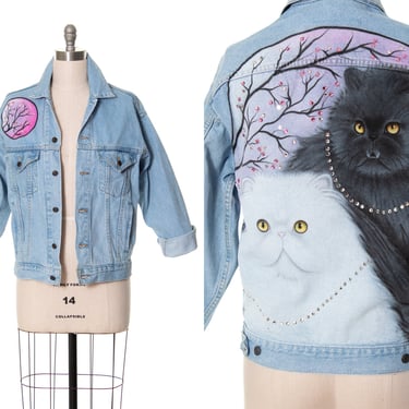 Vintage 1980s Jean Jacket | 80s HAND-PAINTED Persian Cats Novelty Wearable Art Light Blue Denim Rhinestones Button Up Jacket (large/x-large) 
