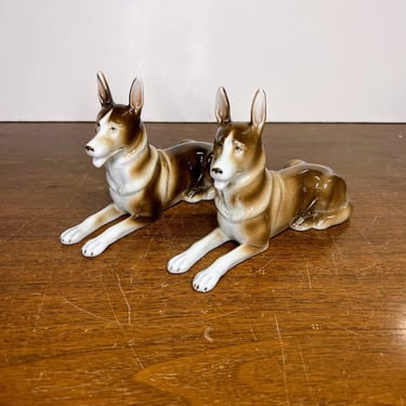 Vintage German Porcelain German Shepheard Dog Figurines Marked 7502 Germany 