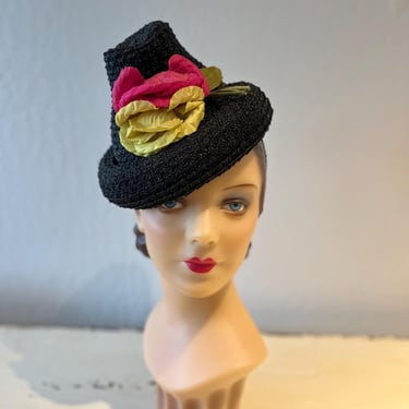 Can't Top This! - Vintage Late 1930s Early 1940s Black Straw Cone Peaked Hat w/Colourful Satin Bows - Museum Quality 