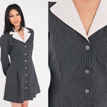 Pinstripe Dress 90s Button Up Mini Dress Grey White Collared Long Sleeve Fit Flare Preppy Secretary Contrast Collar Vintage 1990s Small S 