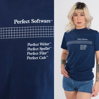80s Perfect Software Shirt Graphic Shirt Navy Blue TShirt Vintage Speller Writer Filer T Shirt Single Stitch Technology Slogan Small Medium 