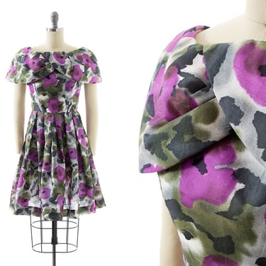 Vintage 1950s Dress | 50s Silk Floral Watercolor Printed Wide Collar Purple Fit and Flare Evening Party Tea Dress (x-small/small) 