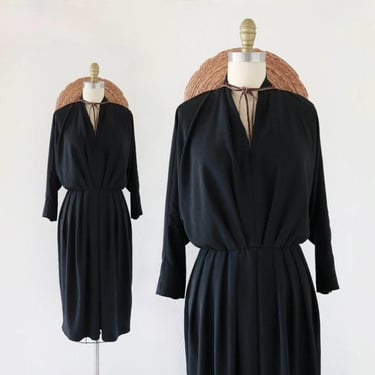 black dolman dress - m - vintage 80s 90s flowy womens minimal long sleeve v neck dress 