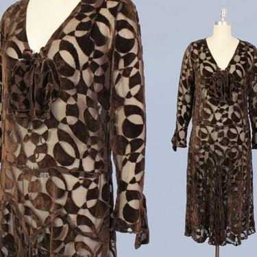 1920s Dress / 20s Burnout Velvet Dress / Brown Abstract Geometric Art Deco Devore Velvet 