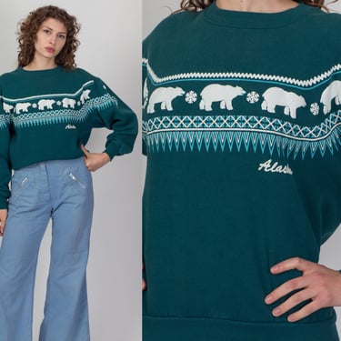 90s Alaska Polar Bear Sweatshirt - Men's Medium, Women's Large | Vintage Unisex Emerald Green Puffy Graphic Animal Print Pullover 