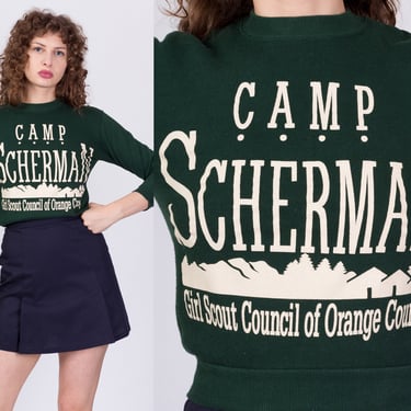 90s Vintage Girl Scouts Camp Scherman Cropped Sweatshirt - Petite XS |  Dark Green Crop Top Pullover Sweater 