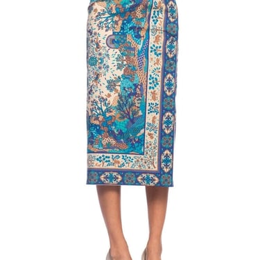 1970S Blue  Multicolored Cotton Indian Paisley Scenic Print Wrap Skirt 