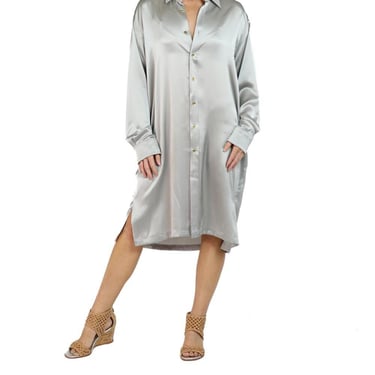 Morphew Collection Silver Silk Charmeuse Oversized Button Down Shirt Dress 