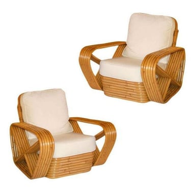 Restored 1930s Six Strand Square Pretzel Stacked Rattan Armchair, Pair 