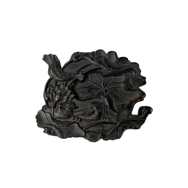 Chinese Oriental Wood Pad Shape Lotus Birds Display Figure Art ws2580E 