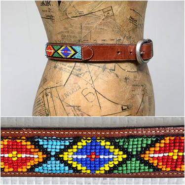 Vintage Multi-Colored Beaded Leather Belt, Diamond Pattern, Southwestern Style, GAP Made in USA Fits Up to 30