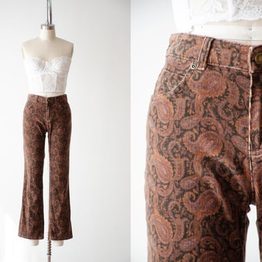 corduroy flare pants | 90s y2k vintage Jones New York brown tan paisley dark academia style cropped flared trousers 