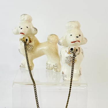 Vintage 1950s Retro Kitsch Poodles Chained Gold White Walking Dogs Porcelain Ceramic 