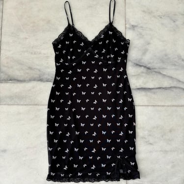 Womens Vintage Butterfly Slip Dress Black Sleeveless V Neck M/L Whimisigoth 