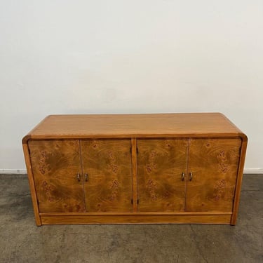 1980s Vintage Oak and Burl Sideboard With Brass Hardware 