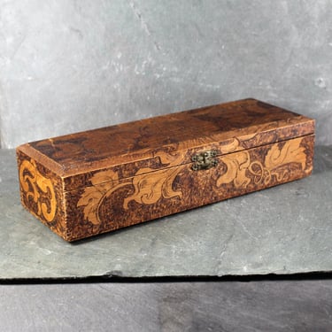 Antique Wooden Box with Hand Carved and Pyrography Designs | Silk Liner and Pyrography Inside Box | Goddess and Grapes Design |Bixley Shop 