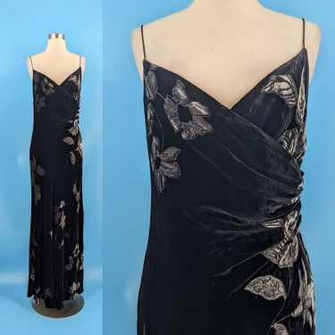 Y2K Jones New York Evening 14 Black Rayon and Silk Blend Velvet Spaghetti Strap Bias Cut Evening Dress 