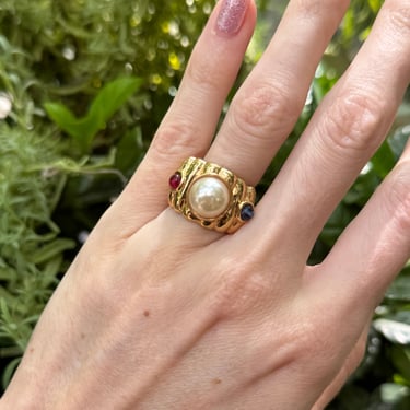 Chunky Faux Pearl Marbled Glass Gold over Sterling Ring Size 6