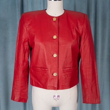 Vintage 80s Evan Davies Red Genuine Leather Cropped Jacket with Gold-Tone Buttons 