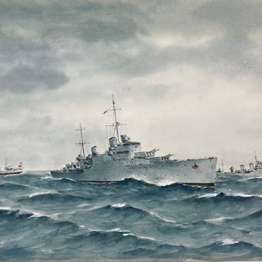 WWII Naval Painting HMS Birmingham Hostile Capturing German Trawler sgd Tufnell 