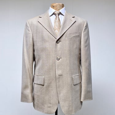 Vintage Y2K Oscar de la Renta 3 Button Sport Coat, Beige Silk-Wool Blend Glen Plaid Blazer, Luxe NWOT Designer Jacket 38S, VFG 