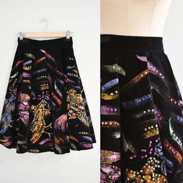1950s Sequin and Hand Painted Roosters Black Velveteen Circle Skirt 
